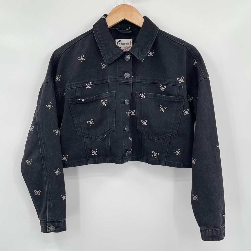 Stoosh Vintage Denim Butterfly Cropped Jean Jacket Black Size Small Button Front - Picture 11 of 11